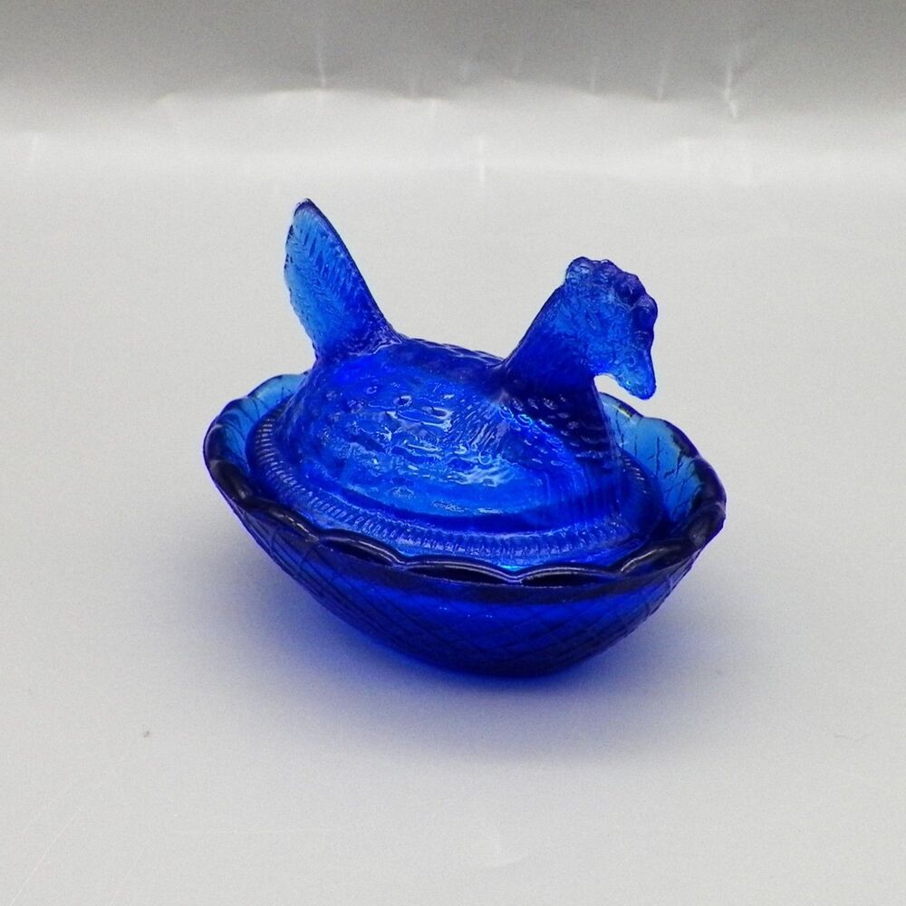 Cobalt Blue Glass Mini Hen on Nest Covered Dish 2" Miniature Chicken Salt Cellar